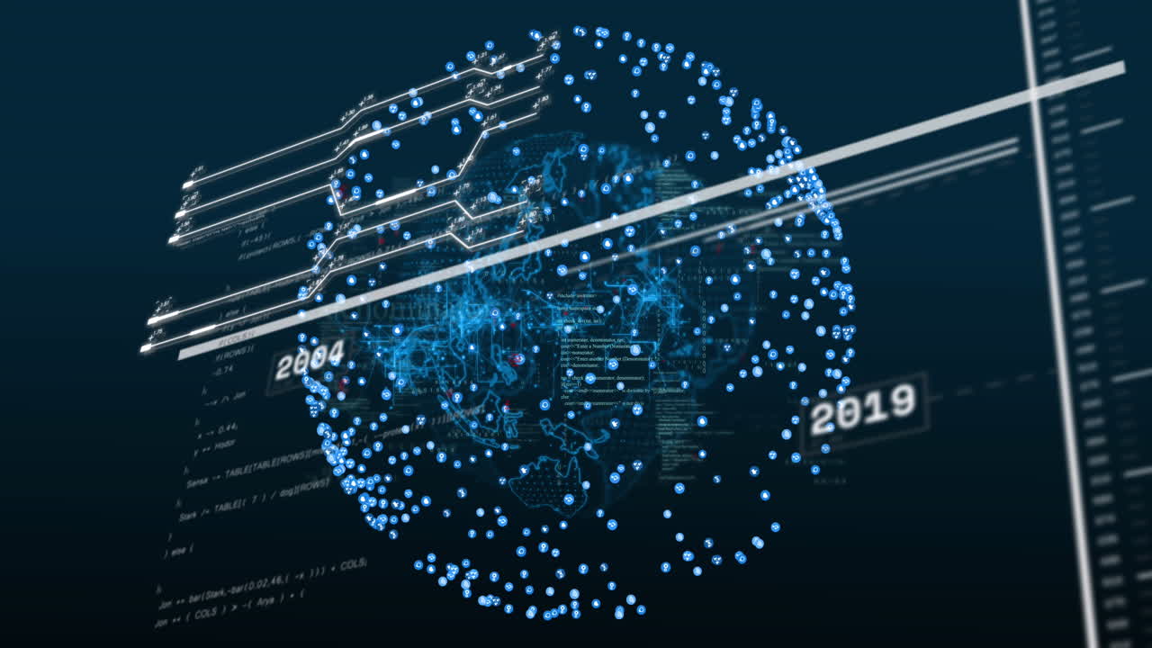 Animation of interface with data processing over spinning globe against blue background
