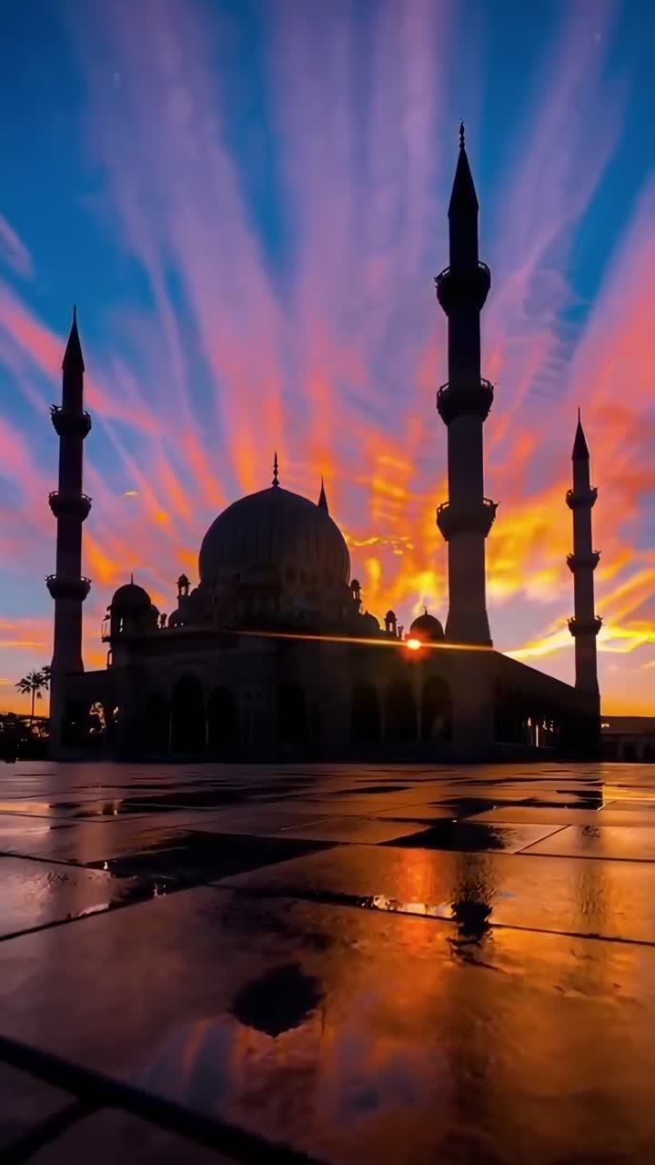 Splendido video da un'angolazione bassa di una silhouette di moschea al tramonto, che cattura i vivaci colori del cielo