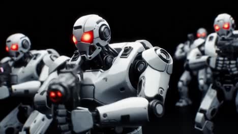 a collective of futuristic robots with glowing red eyes, equipped with high-tech firearms, poised for action in a darkened environment
