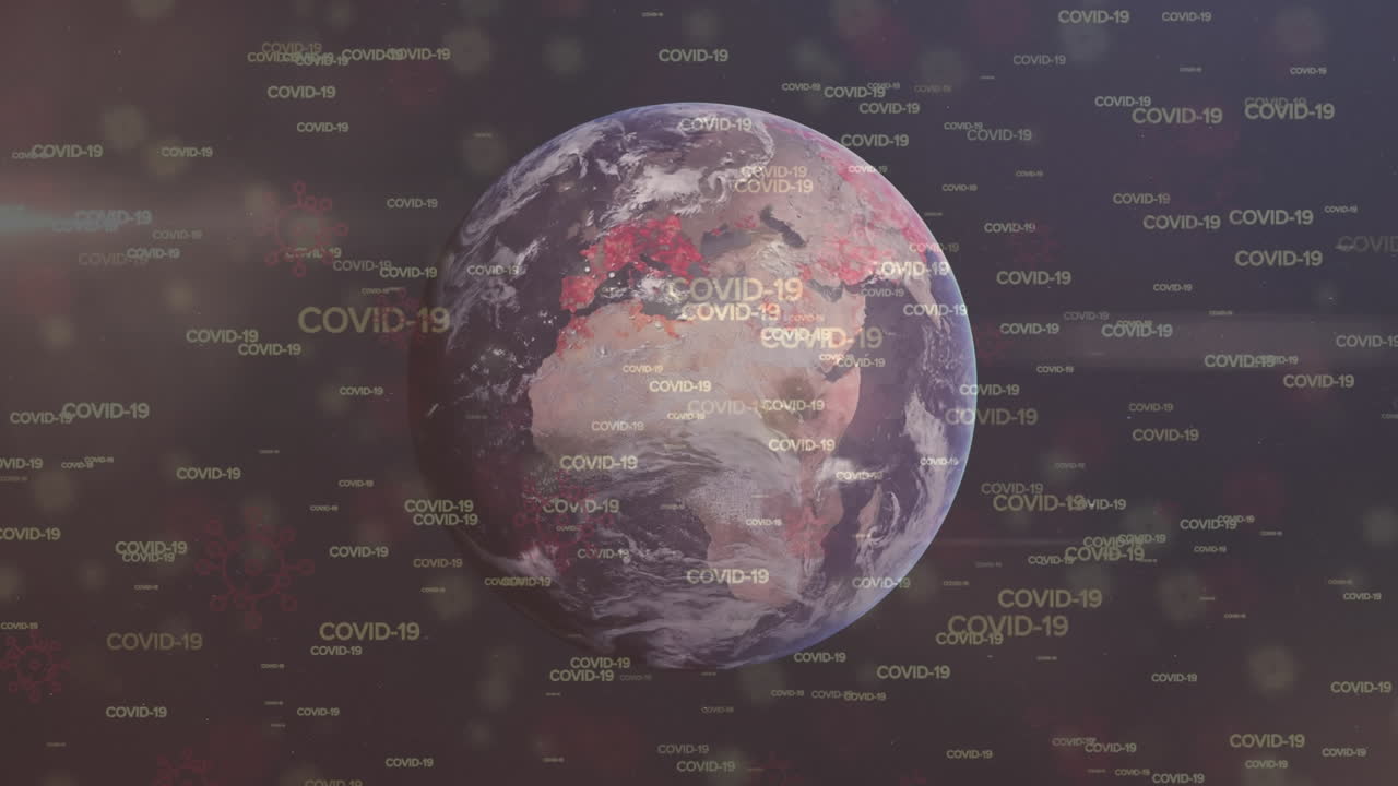 animación de células de covid 19 y procesamiento de datos en todo el mundo