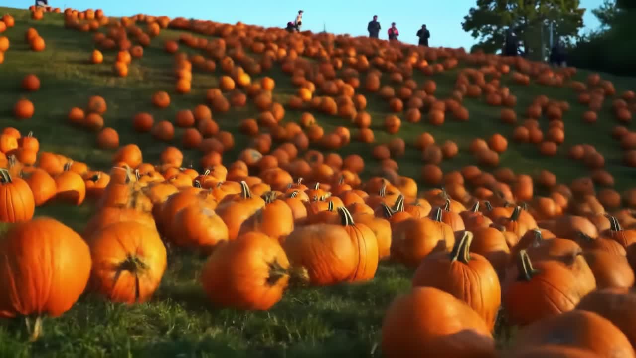 A Vibrant Display of Pumpkins Rolling Down a Hill During Autumn with Joyful Visitors Enjoying the Festive Atmosphere and the Beautiful Fall Colors Around Them