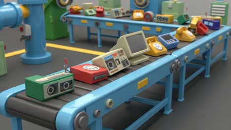 a vibrant assembly line featuring colorful retro electronics on a conveyor belt, showcasing vintage design and the dynamic environment of manufacturing processes