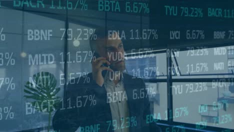 animation of trading board over caucasian businessman talking on smartphone in office