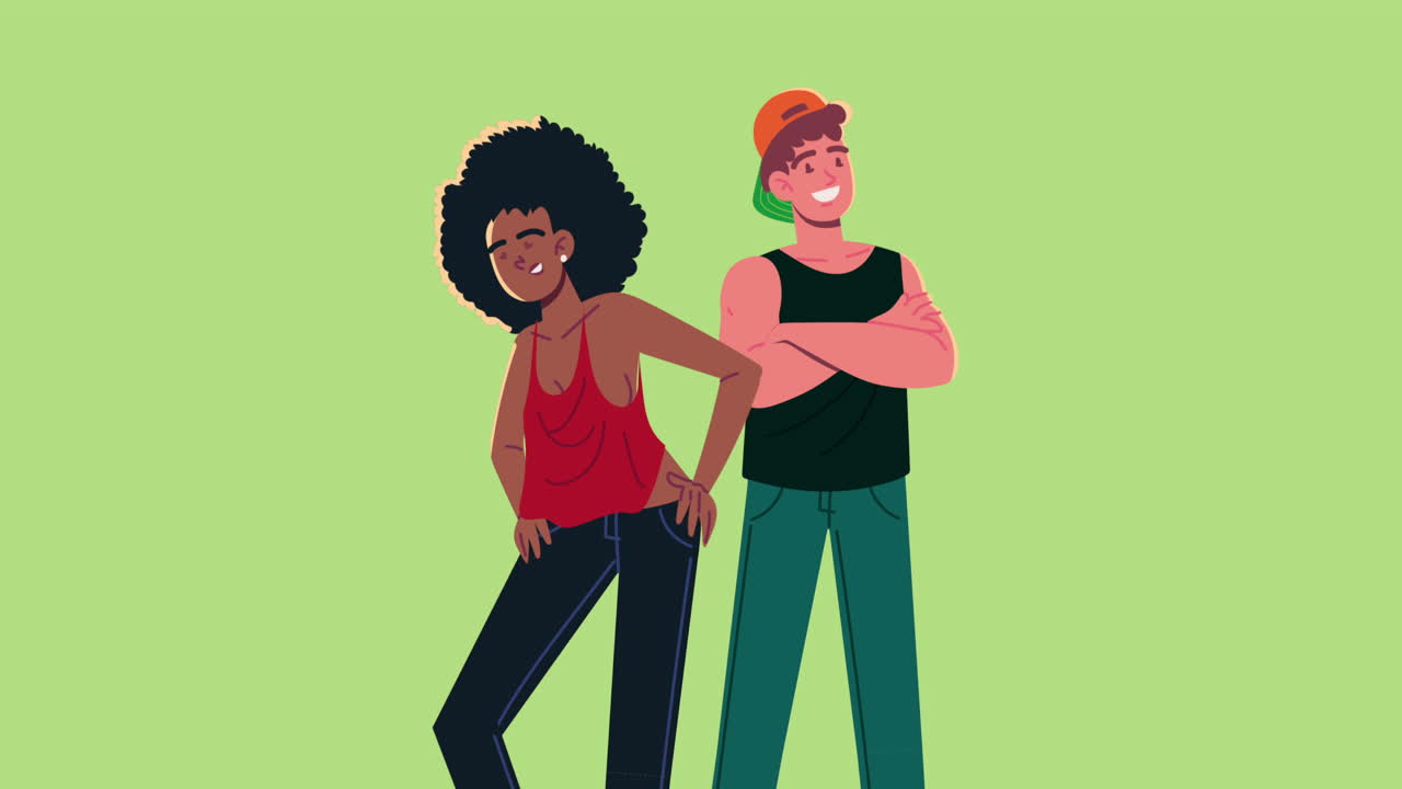 interracial young couple characters animation