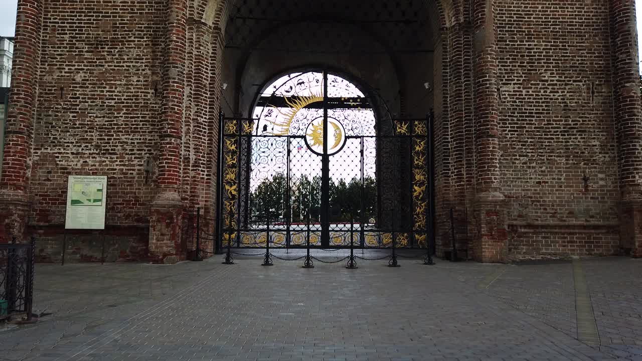 Tower of Soyembika from bottom to top in camera tilt shot. Close up historical building.