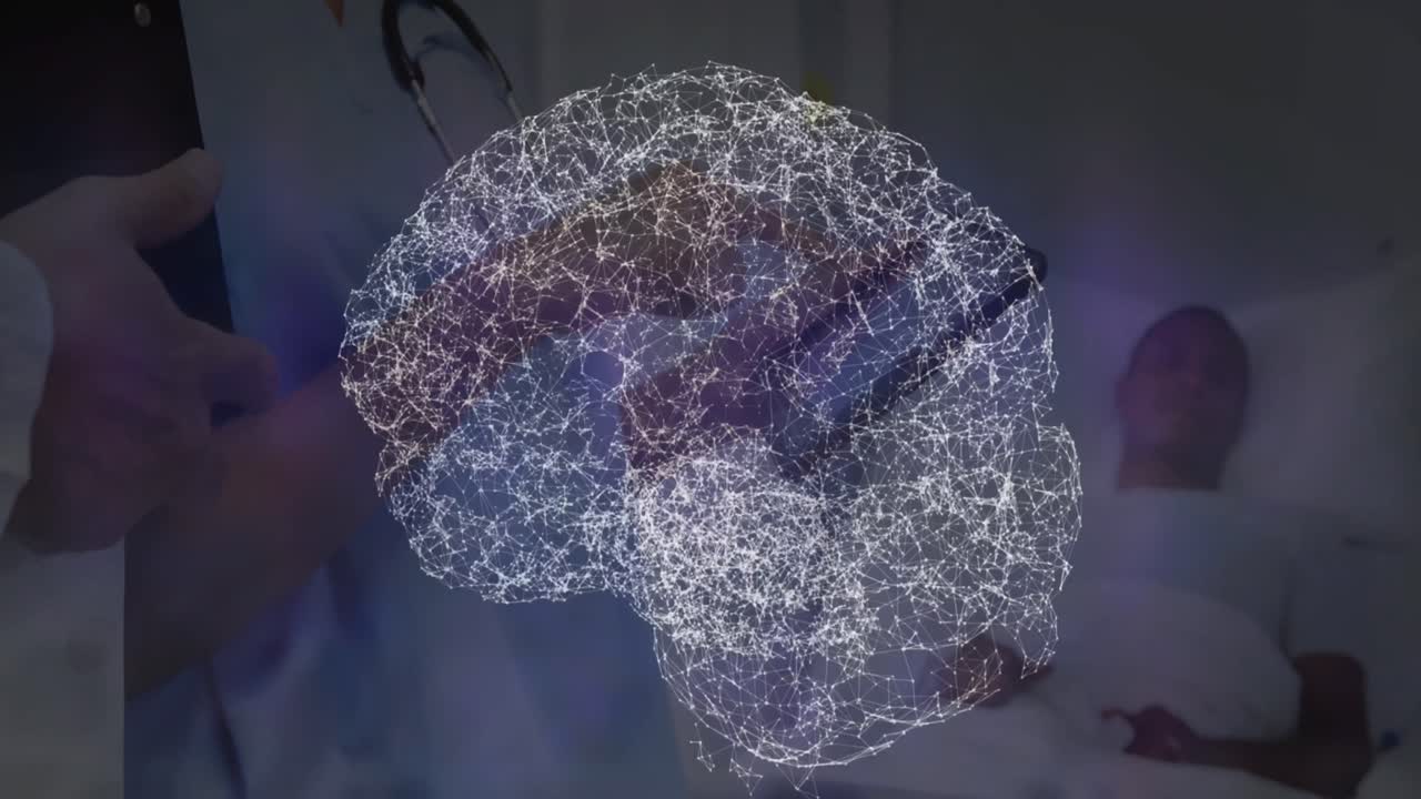 환자와 함께 백인 남성 의사에 대한 데이터 처리 애니메이션