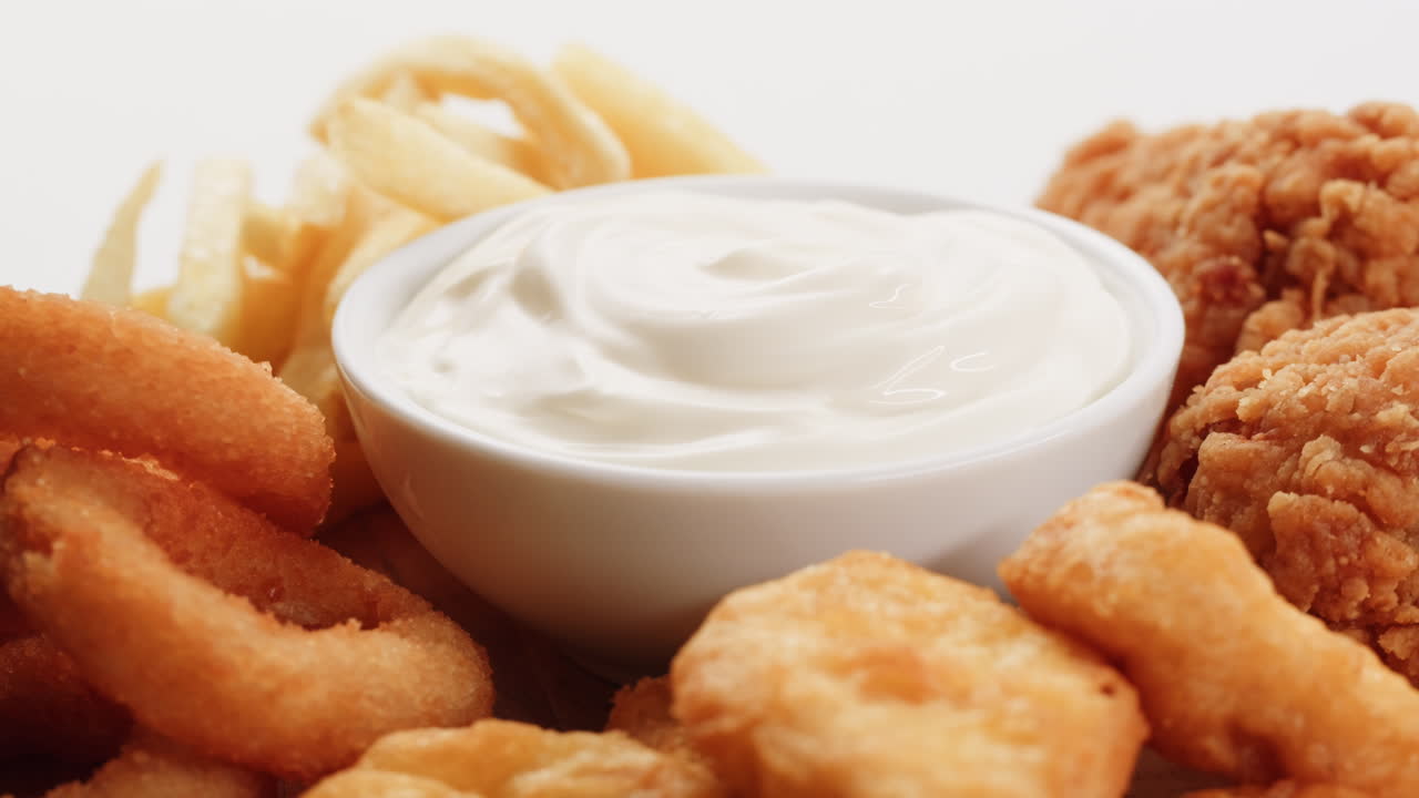 Frango Frito, Batatas Fritas e Anéis de Cebola com Molho
