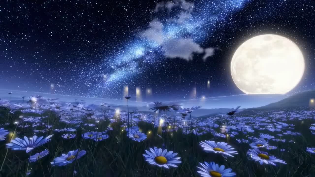 Video dal basso di una notte stellata su un campo di margherite, con una luna e lucciole luminose, Live