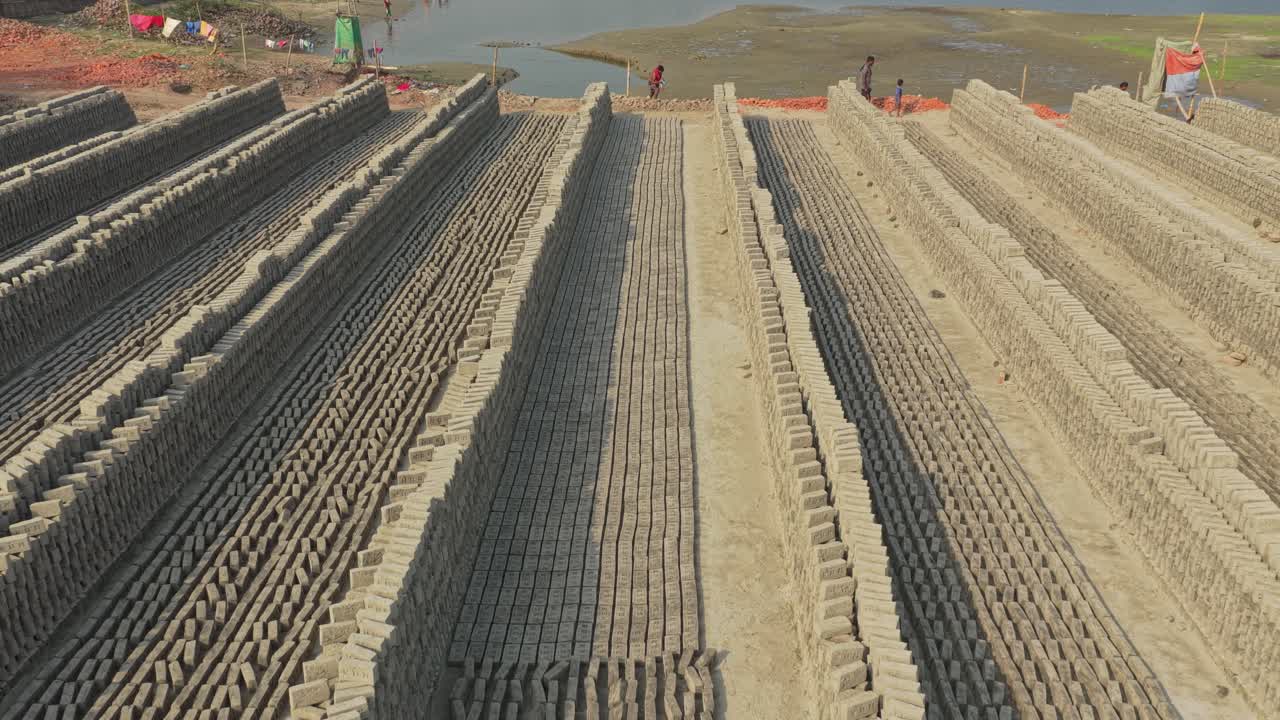 Aerial view of brick production with drying bricks in Bangladesh