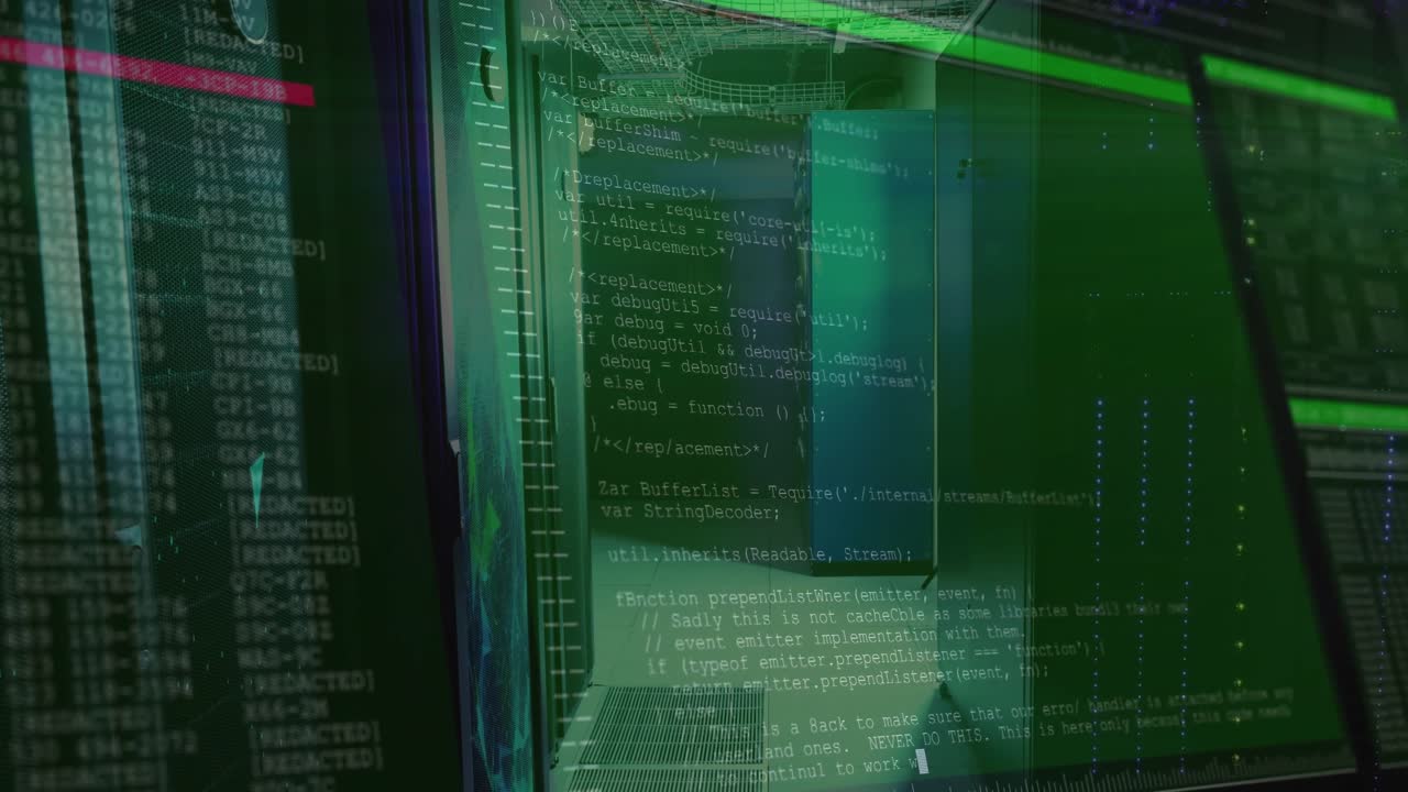 Green gridline initiating overlay on server rack corridor, code scrolling representing data flow
