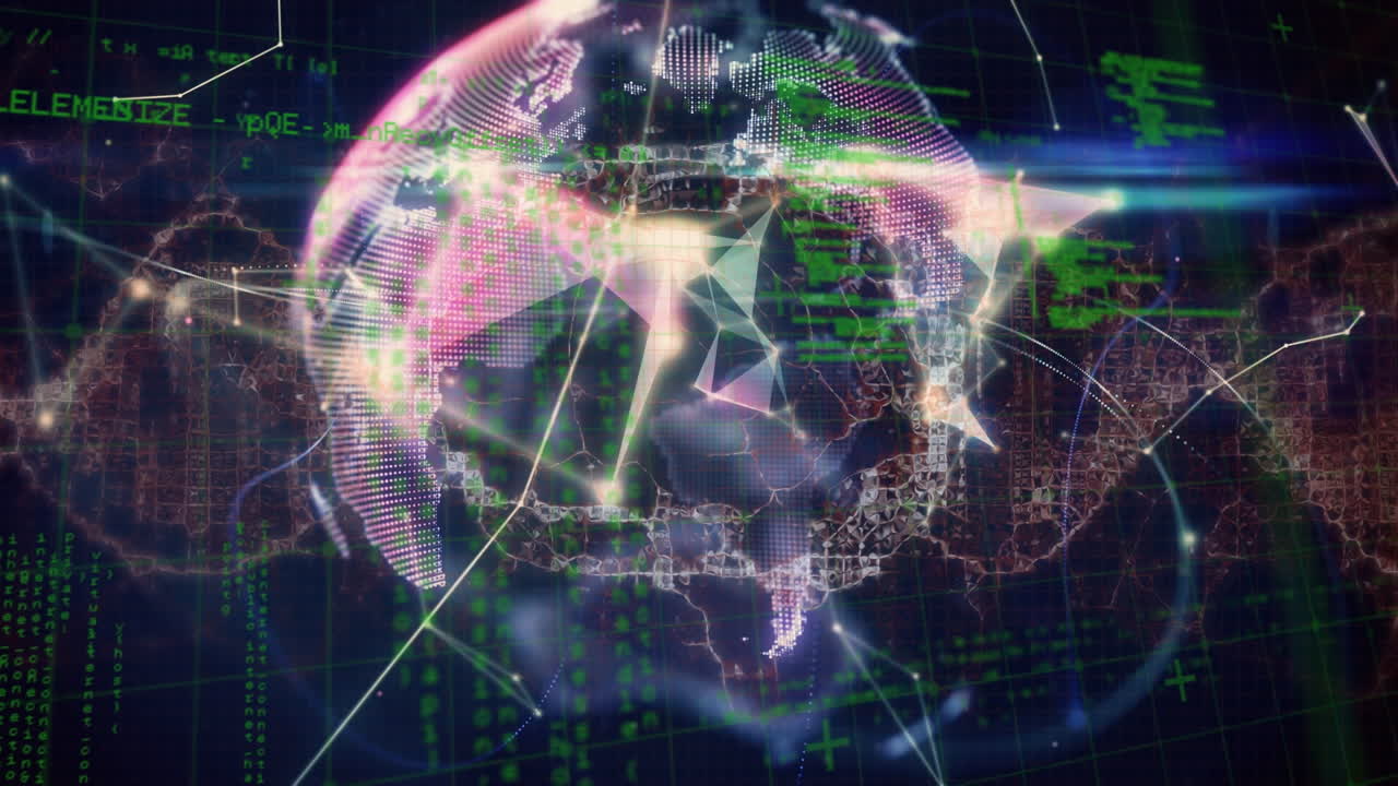 Animation of globe and connections over data processing on black background