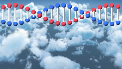 구름이 많은 파란 하늘 위에서 회전하는 dna 가닥의 애니메이션