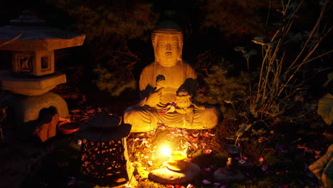 A-Buddha-statue,-lamps-and-incense-are-seen-in-time-lapse-motion-with-frame-blending