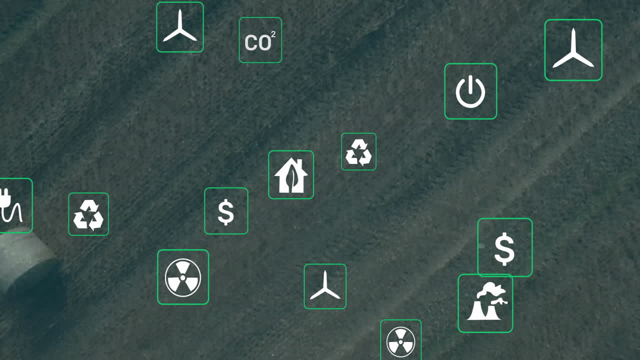 Energy and recycling icons floating over canopy with squares, showing turbine and recycle symbols