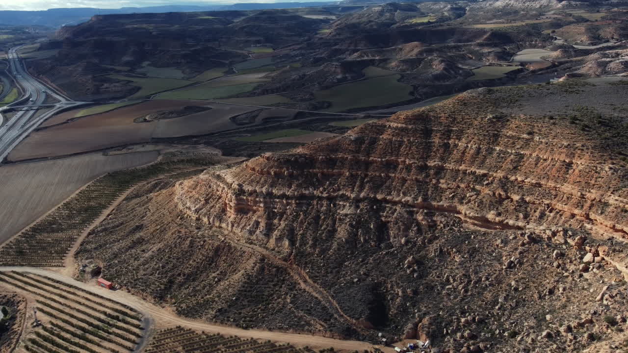 Aerial View of Spanish Rural Landscape with Vineyards and Hills