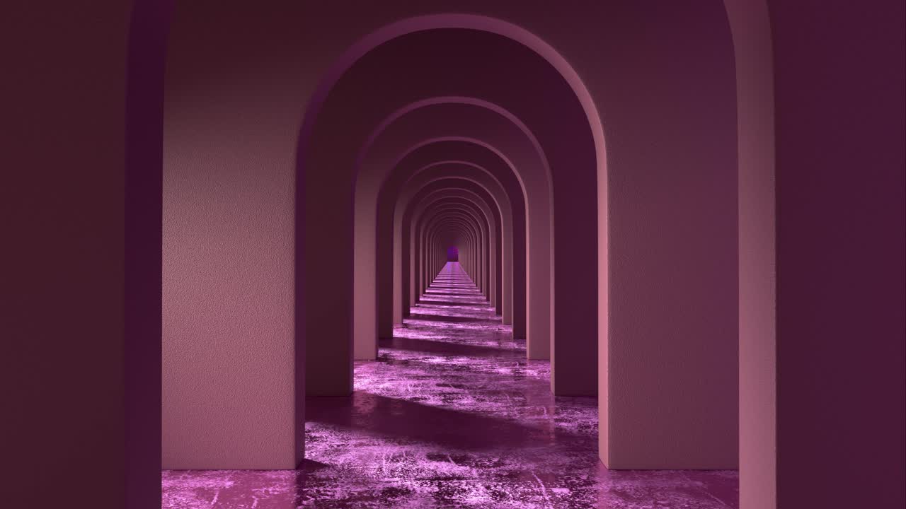 3D render of endless pink arch hallway