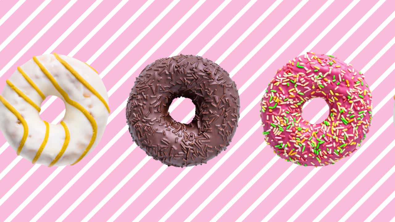 Donuts colorful animation on pink white striped background
