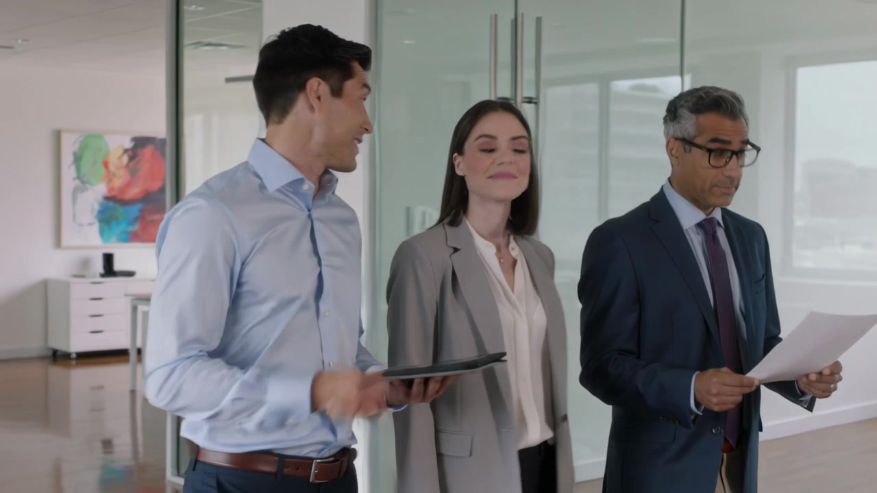 Trio che cammina con camicia blu, blazer grigio, abito blu scuro, parlano, tengono un tablet, leggono un documento vicino a una parete di vetro