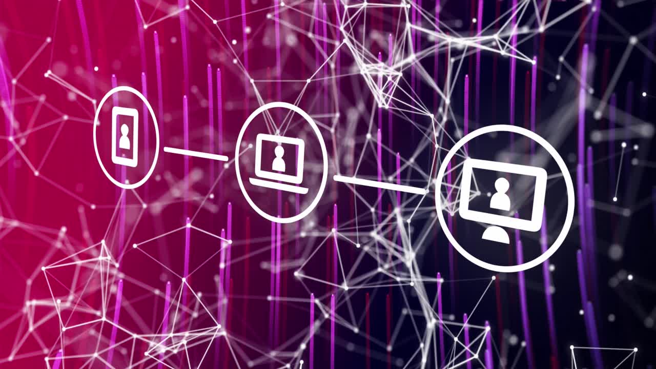 animación de conexiones e iconos tecnológicos sobre luces sobre fondo rosa