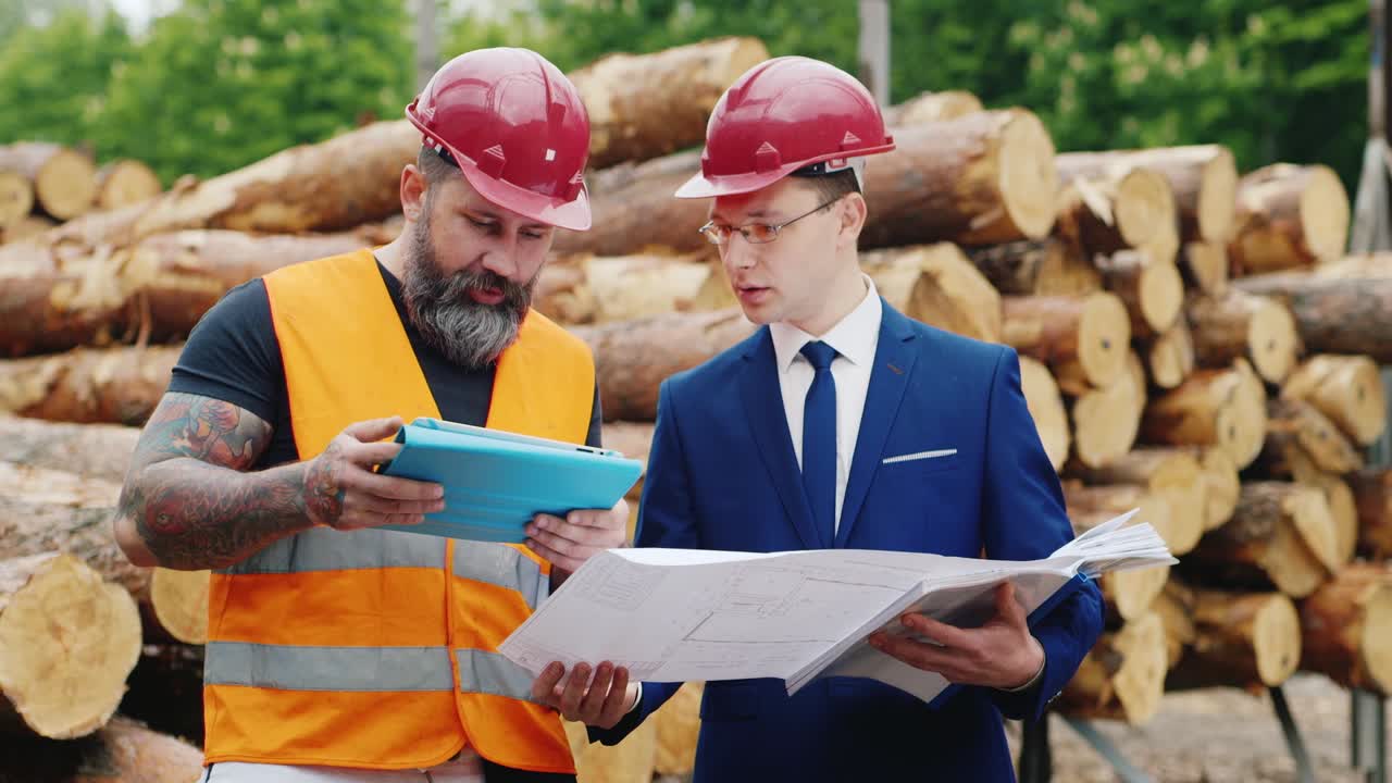 dos ingenieros estudian los dibujos con andamios en el fondo 3