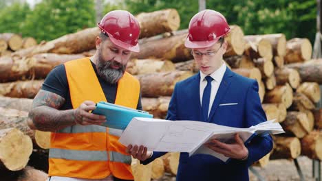 two engineers study the drawings with scaffolding in the background 3