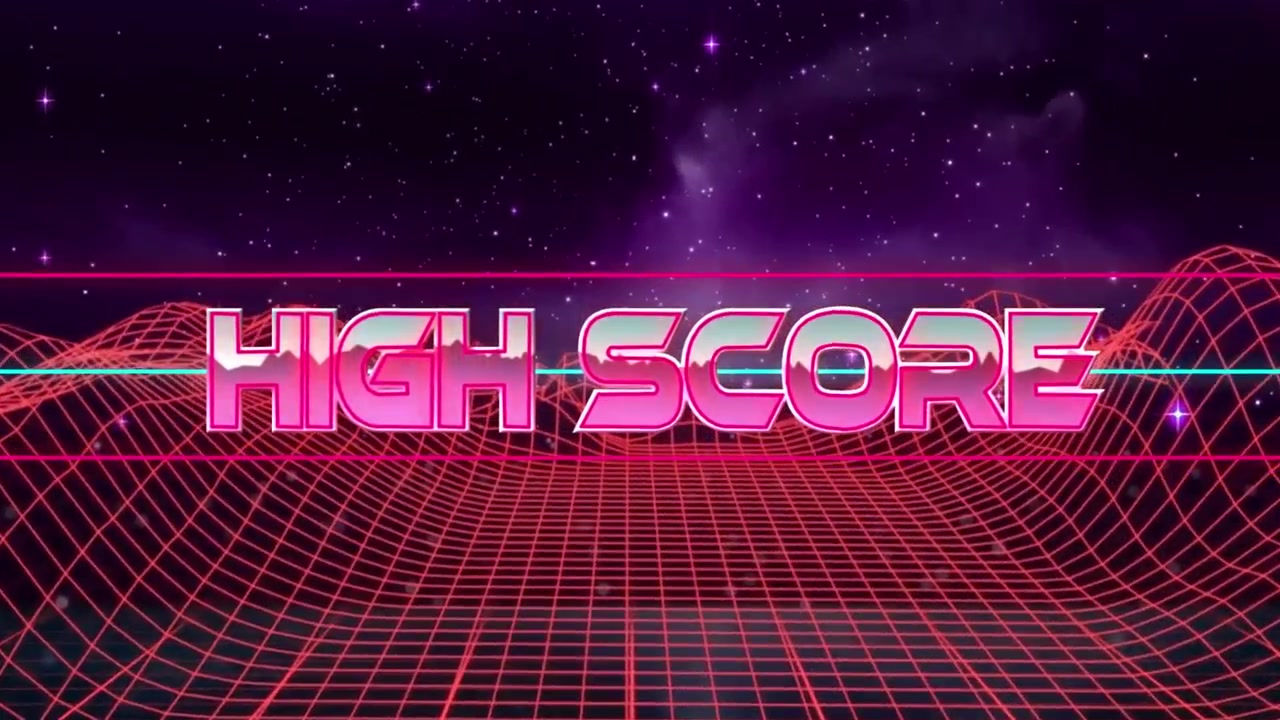 Animation af høj score-tekst over digitale bjerge og stjerner på sort baggrund