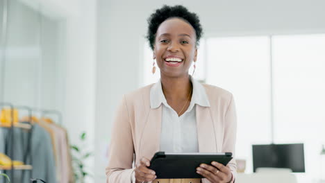 Fashion-designer,-tablet-and-face-of-black-woman