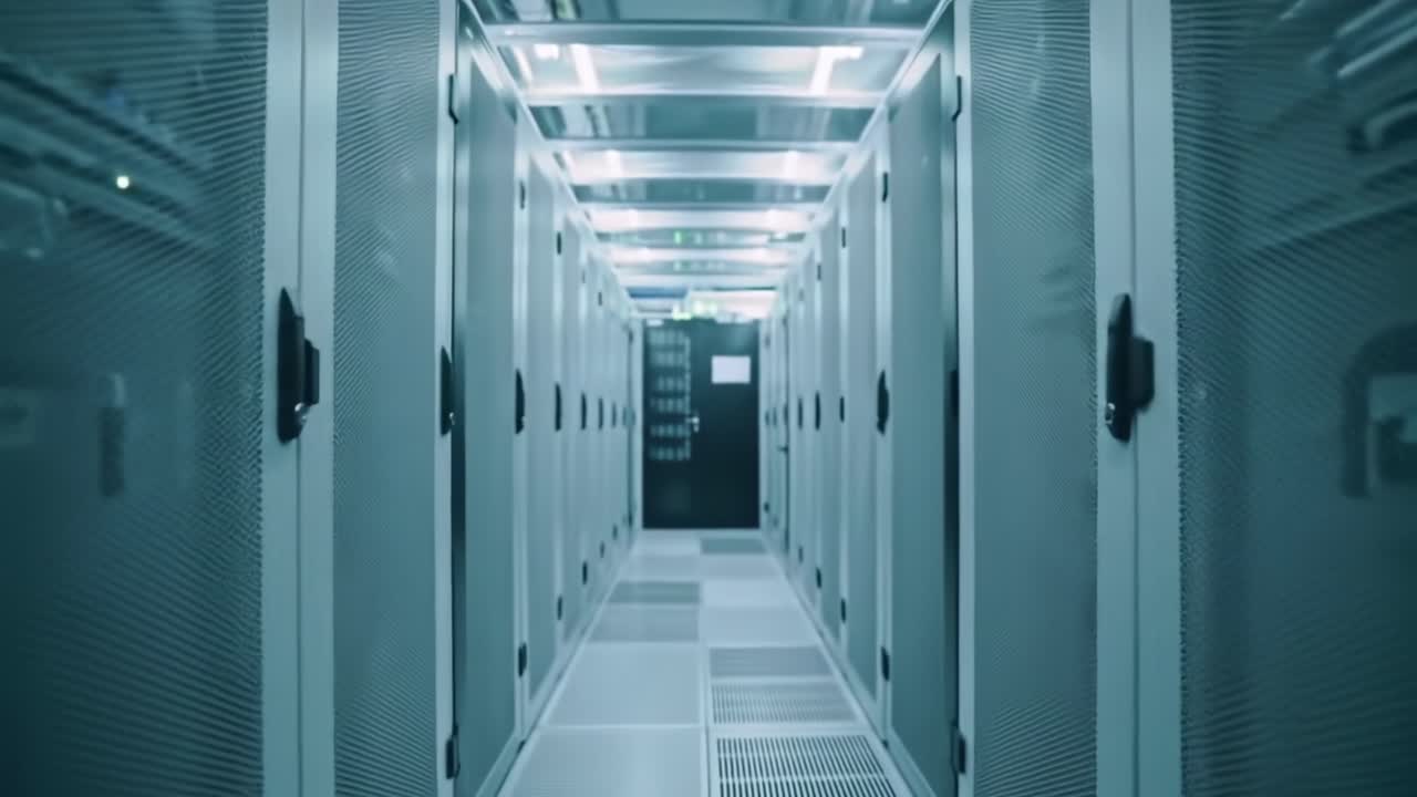 Exploring a High-Tech Data Center: A Look Into the Rows of Server Racks and Advanced Computing Machinery in a Modern Facility