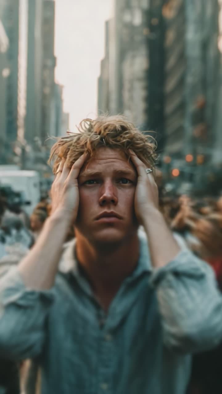 Un giovane uomo si trova in una città frenetica, sopraffatto dal caos circostante, catturando le emozioni di stress e confusione in un ambiente urbano
