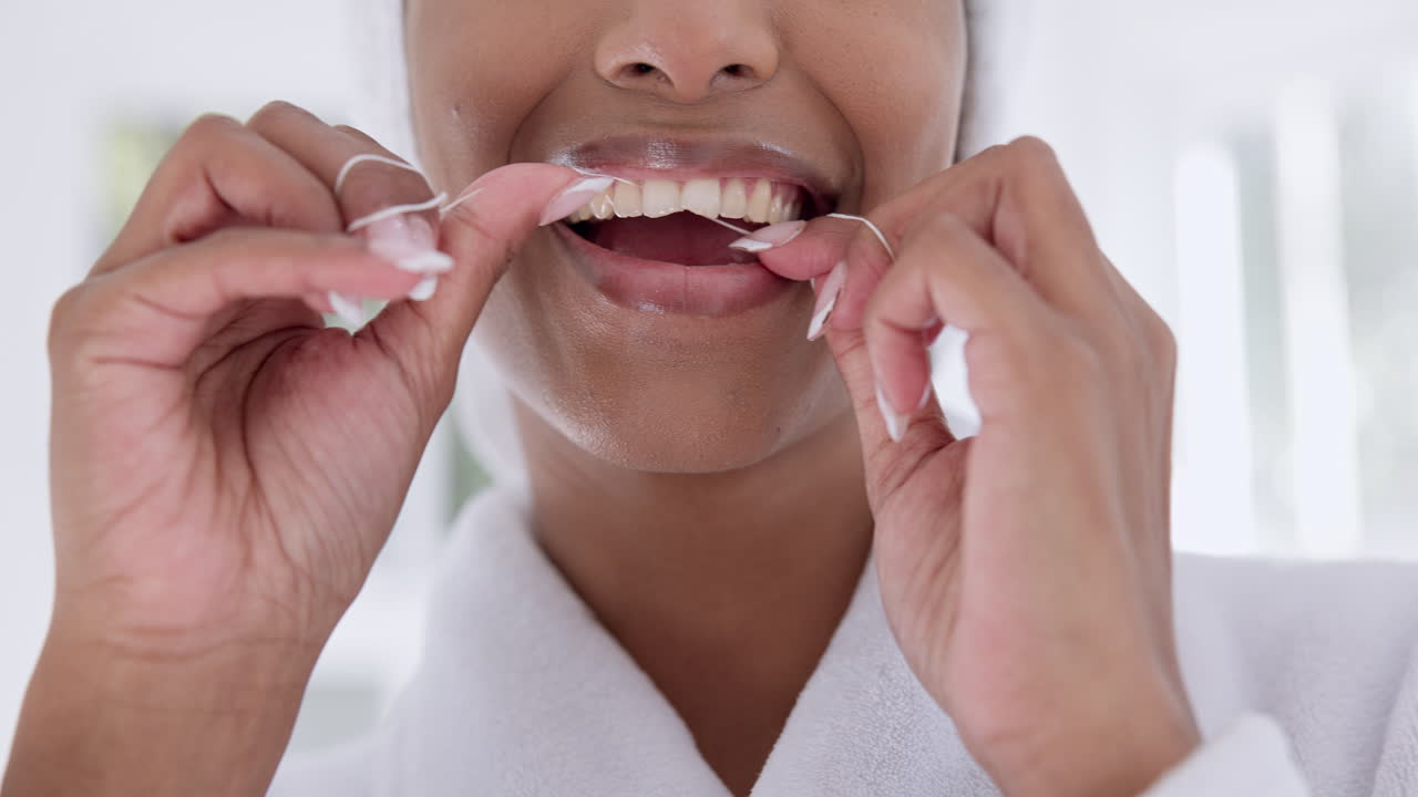 Woman, hands and dental floss in closeup