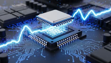 a captivating journey through the evolution of technology: contrasting frames of a microchip surrounded by dynamic circuitry, showcasing innovation and modern engineering