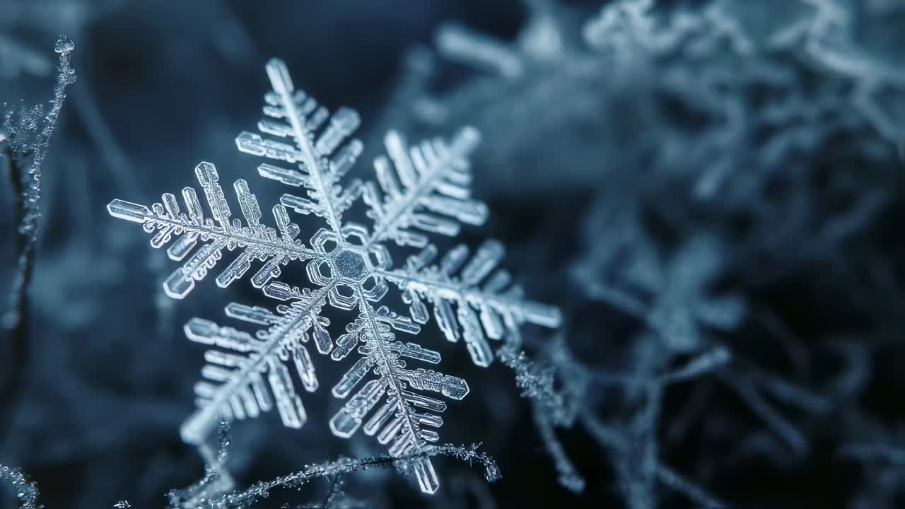 Delicate snowflake resting on dark frosty surface, revealing intricate crystalline structure with glistening white and blue ice formations gently reflecting surrounding winter landscape