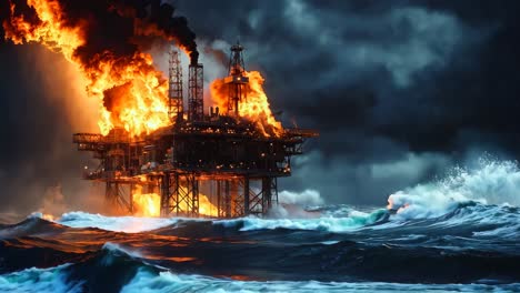 an oil rig in the middle of the ocean on fire