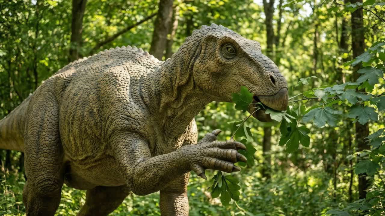 Dinosauro che mangia foglie nella foresta