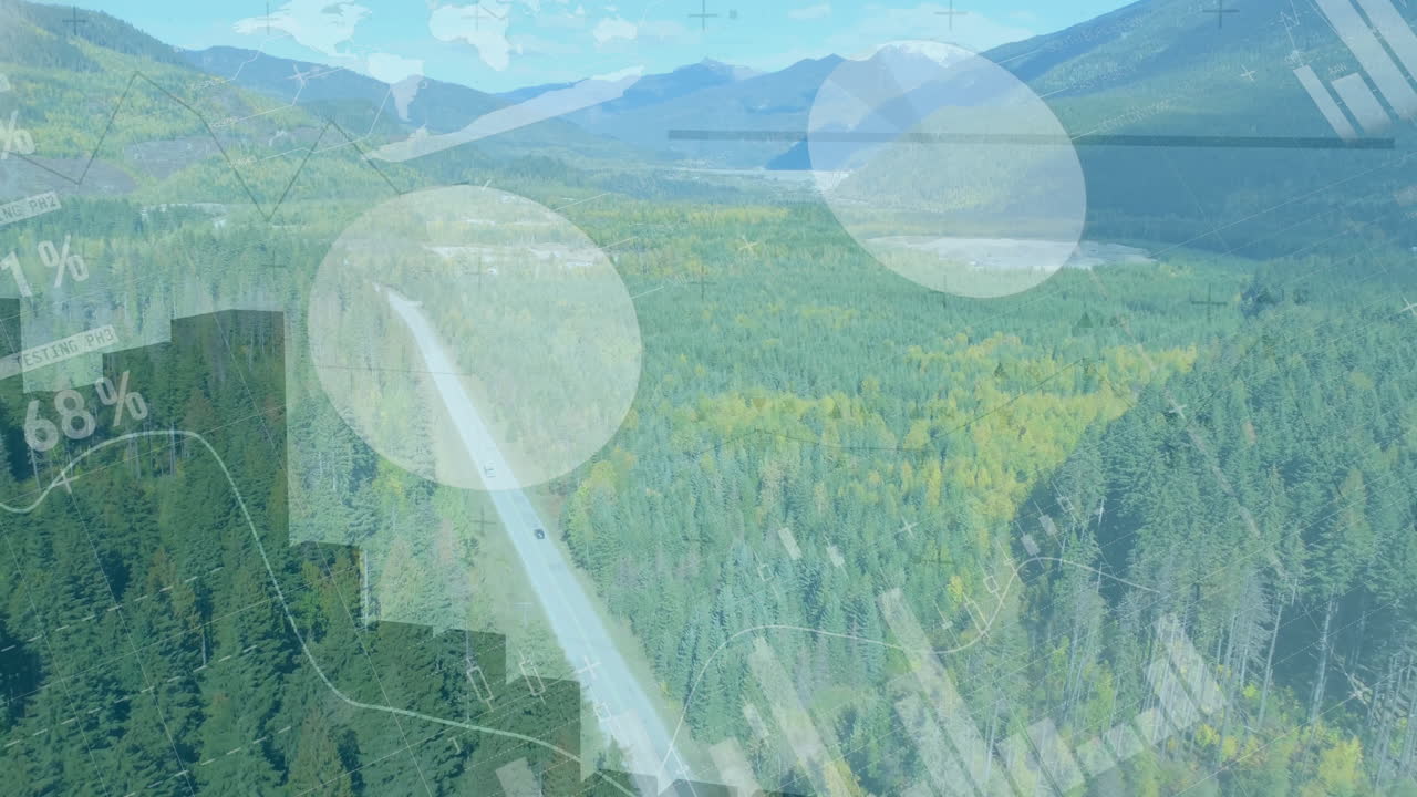 Mountain landscape with data processing animation over forest and road