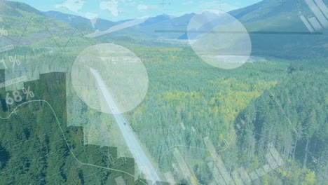 mountain landscape with data processing animation over forest and road