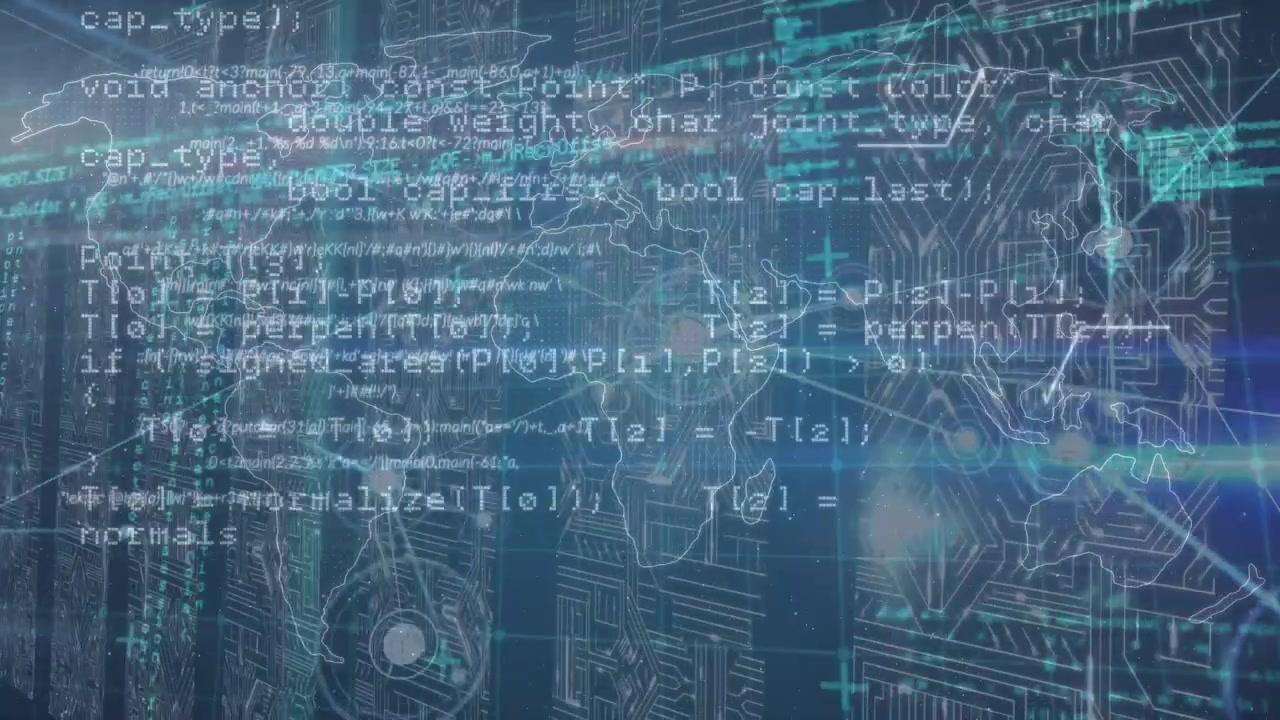 Animation of world map and data processing over server room