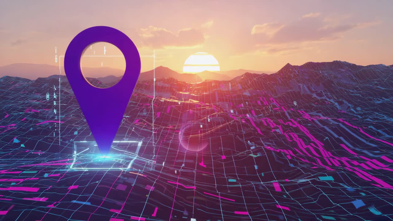 Digital Landscape with Location Marker at Sunrise