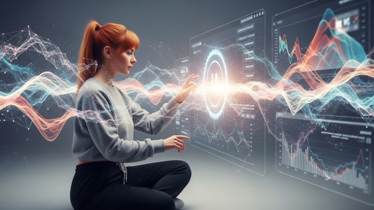 A young woman interacts with futuristic digital data visualizations, exploring innovative technology and complex graphs, embodying the fusion of human intellect and data analysis
