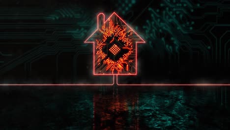 animación del icono de la casa naranja brillante sobre el enchufe del procesador azul