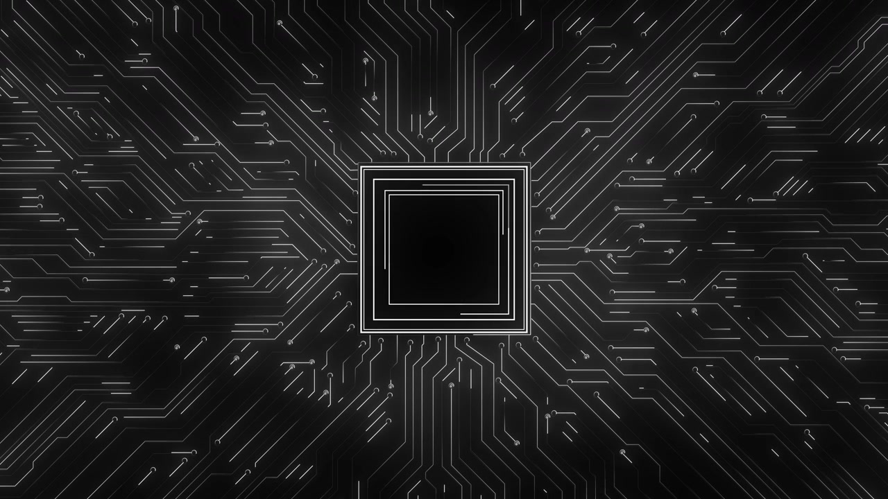 Black circuit board chip background with white electronic traces central square processor minimal