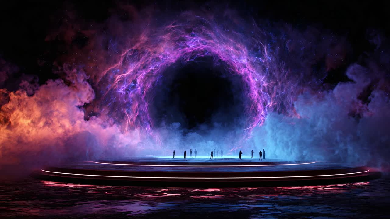 A mystical portal emerges from vibrant clouds, with silhouettes of figures standing on a circular platform, evoking curiosity and wonder about the realms beyond the threshold