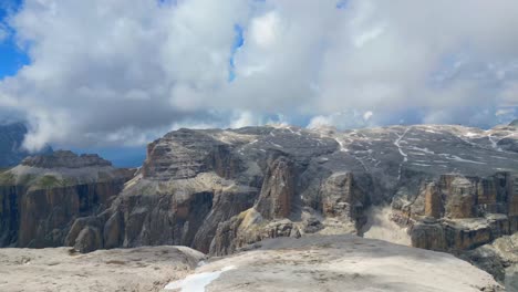 aerial shot flying over sass pordoi , between south tyrol, trentino belluno , italy