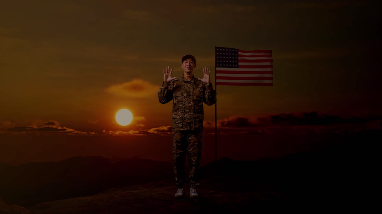 Full Body Of Asian Man Soldier Smiling And Saying Wow While Standing With Flag Of The United States, Sunset Time