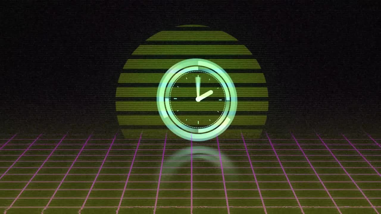 Animazione di un orologio di caricamento dati su una griglia rosa in movimento e un sole nascente su sfondo nero.