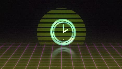 Animation-of-data-loading-clock-over-moving-pink-grid-and-rising-sun-on-black-background