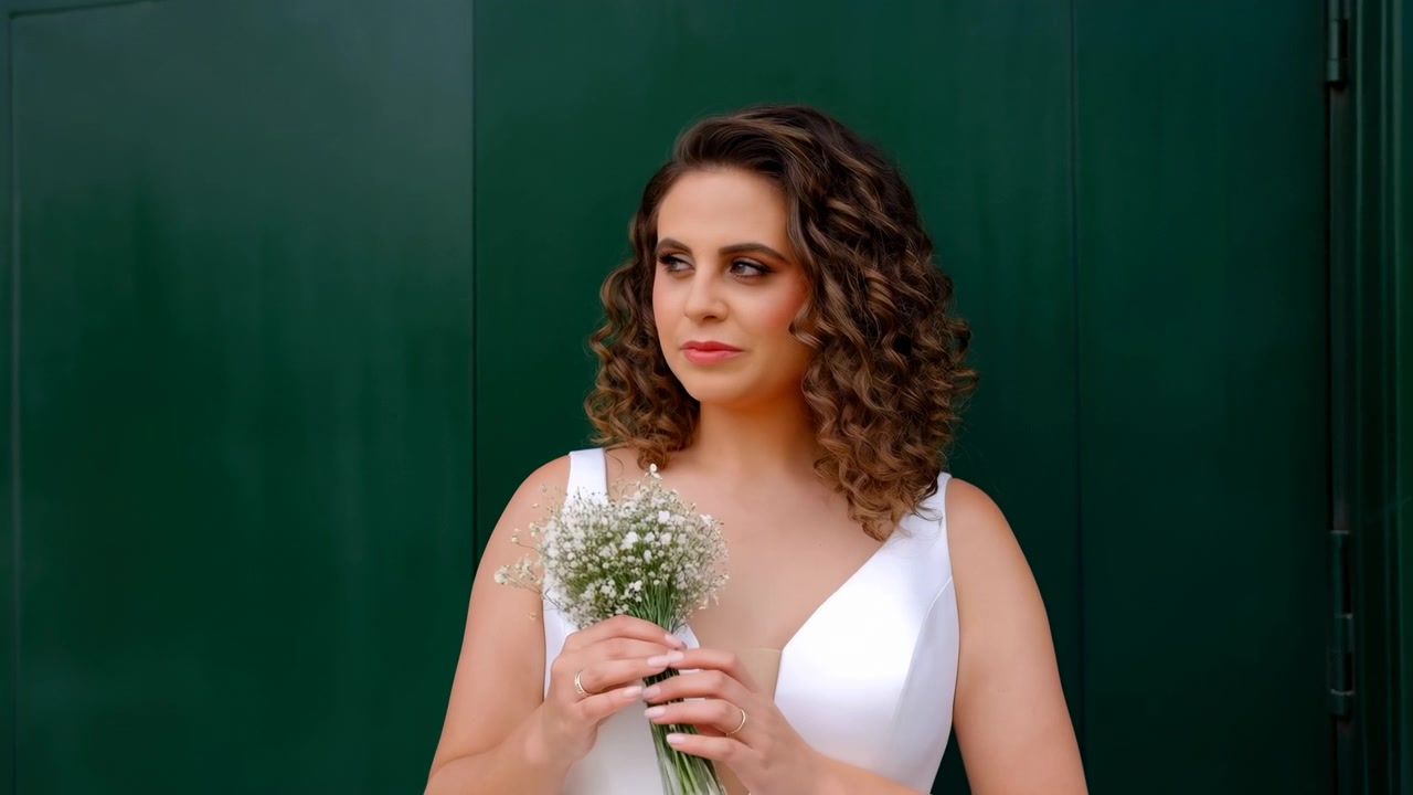 Donna con capelli ricci sistema delicatamente gli steli dei fiori e sposta lo sguardo di lato mentre tiene un bouquet all'altezza del petto, inquadrata a mezzo busto contro pannelli lisci di un verde intenso in una luce diurna soffusa.