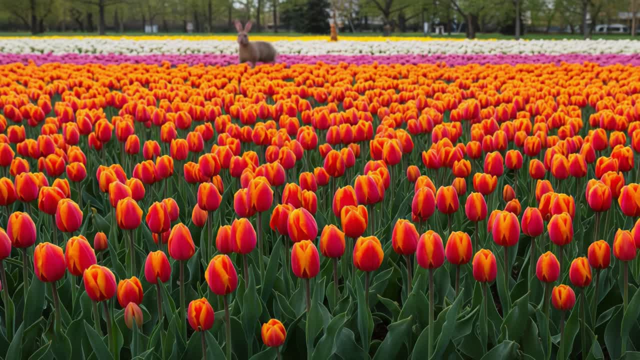 A Vibrant Display of Tulips with Playful Rabbits Amidst a Colorful Floral Landscape Showcasing Nature's Beauty in Springtime Splendor