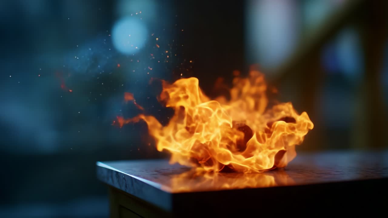 Captivating Flames Dance on a Wooden Surface, Creating an Enchanting Display of Fire and Light, Illuminating the Atmosphere with a Warm Glow