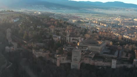 Alhambra-palaces-establisher-aerial-shot-in-Granada,-UNESCO-world-heritage